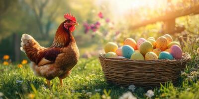 Hen stands proudly near colorful Easter eggs in a sunlit garden setting during springtime photo