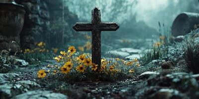 Cross adorned with vibrant flowers in an atmospheric, misty graveyard setting during early morning photo