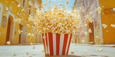 Popcorn bursts into the air in a vibrant street during a sunny afternoon celebration photo