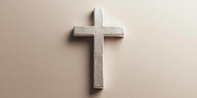 Simple carved wooden cross displayed on a neutral background, symbolizing faith and spirituality photo
