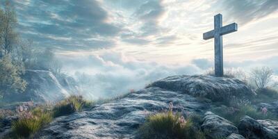 Beautiful rocky landscape with a cross under a cloudy sky at dawn or dusk photo