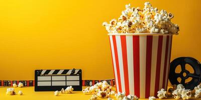 Enjoying popcorn while watching a movie with a bright yellow background and film elements present photo