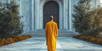 Monastic figure in orange robe stands before grand entrance at serene temple during early evening light photo