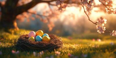 Colorful Easter eggs nestled in a cozy nest under a blossoming tree during springtime photo