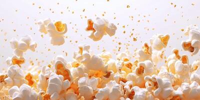Popcorn bursts into the air, creating a playful and energetic display in a bright setting photo