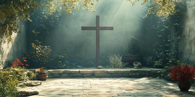 Serene outdoor space with wooden cross surrounded by greenery and soft sunlight filtering through trees photo