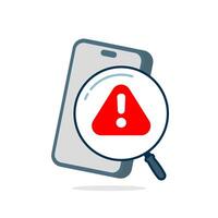 Mobile search error concept. Flat illustration of a smartphone screen with a magnifying glass and exclamation mark, representing no results found or search issue vector