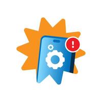 Flat illustration of a smartphone with a gear and exclamation mark, representing an app update notification. Perfect for UI design, mobile applications, software updates, and technology vector