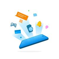 Flat illustration smartphone with various feature icons on the screen, representing Super App, all in one multifunctional mobile application. Perfect for digital services concepts vector