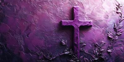 Purple cross with floral embellishments on textured wall, symbolizing spirituality and faith photo