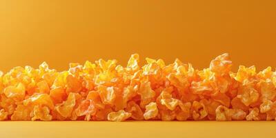 Golden popcorn piled high against a vibrant yellow background for a fun snack experience photo