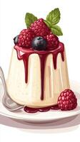 Delicious panna cotta topped with fresh raspberries and blueberries, served on a white plate for a dessert delight photo