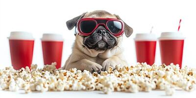 Dog wearing sunglasses surrounded by popcorn and red cups at a casual movie party photo