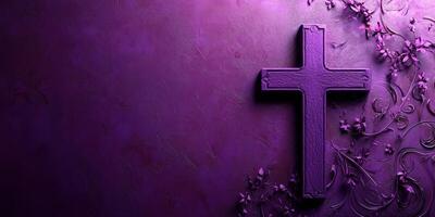 Purple cross surrounded by floral patterns symbolizes spirituality and faith in a serene atmosphere photo