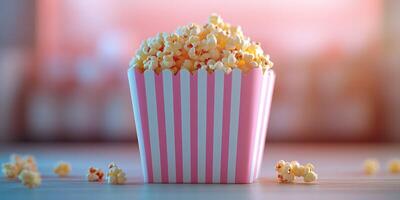 Popcorn in a striped container sits on a table, ready for movie night at home with a warm, inviting atmosphere photo