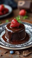 Delicious chocolate cake topped with fresh strawberry and drizzled sauce served on a vintage plate photo