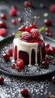 Decadent red velvet dessert topped with cherries and raspberries, elegantly plated for a culinary delight photo