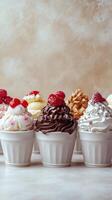 Delicious assortment of ice cream sundaes with various toppings arranged on a neutral background photo