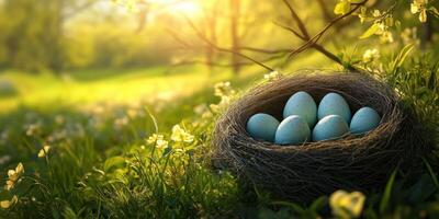 Nest contains blue eggs surrounded by sunlight and blooming flowers in a serene spring landscape photo