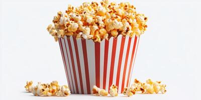 Freshly popped popcorn in a classic striped container ready for movie night at home photo