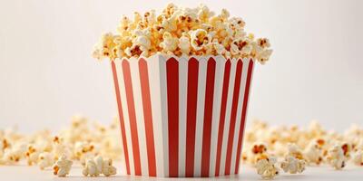 Popcorn in a striped container ready for a movie night at home or the theater photo