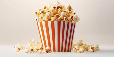 Freshly popped popcorn in a striped cup with scattered kernels on a light surface photo