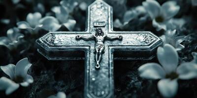 Cross resting among delicate flowers in a serene and reflective setting during twilight hours photo