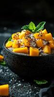 Delicious chia seed pudding topped with fresh mango, coconut flakes, and mint leaves in a stylish bowl photo