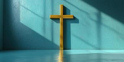 Golden cross stands against a turquoise wall, casting shadows from natural light streaming through a window photo