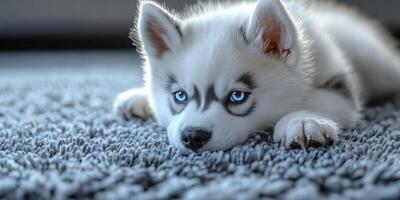 Fluffy white puppy relaxing on a soft gray rug in a cozy indoor setting during the afternoon photo