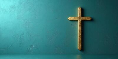 Golden cross against a textured teal wall creates a rich spiritual atmosphere in a serene indoor space for reflection photo