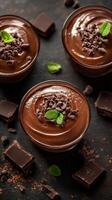 Decadent chocolate mousse topped with chocolate chips and mint leaves served in elegant cups photo