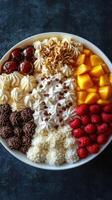 Colorful dessert platter with fruit, cream, and toppings for a festive celebration photo