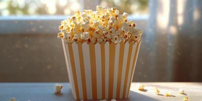 Popcorn overflowing in a striped container on a wooden table with sunlight streaming through a window photo