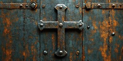 Weathered metal door featuring a prominent cross symbol in a rustic setting photo