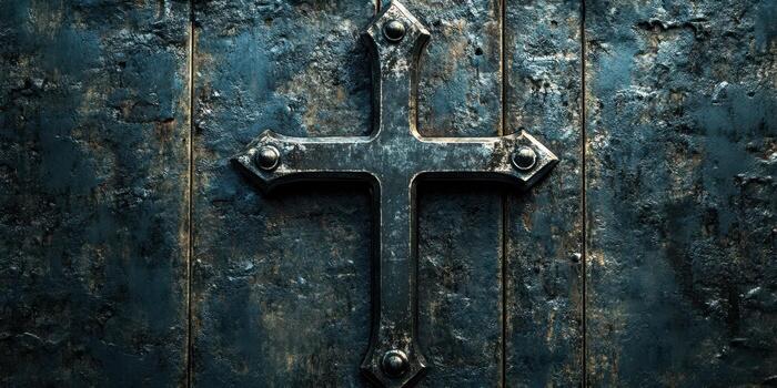 Cross mounted on a weathered wooden door with a rustic appearance and intricate details highlighted by soft lighting photo
