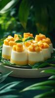 Delightful mango panna cotta adorned with fresh mango pieces in a lush green setting photo