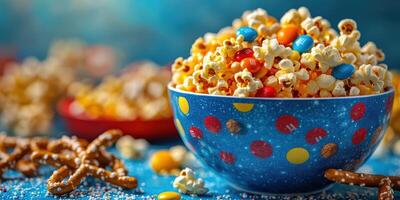 Colorful popcorn bowl filled with candy-coated treats and pretzels on a blue background photo