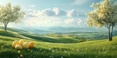 Vibrant spring landscape with colorful eggs nestled in lush green meadow under bright blue sky photo