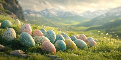 Colorful decorated eggs scattered across a mountain meadow vibrant with wildflowers during springtime photo