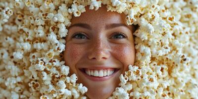 Smiling woman surrounded by popcorn enjoying a fun moment indoors during a bright and cheerful day photo