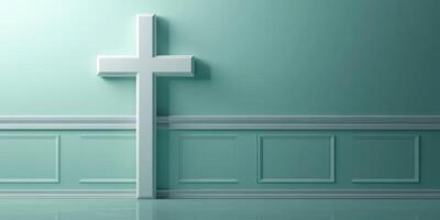 Cross displayed on a textured wall in a serene, light-filled room with soft colors and minimalist decor for reflection photo