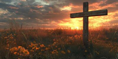 Sunset over a grassy field with a wooden cross and vibrant flowers creating a serene and reflective atmosphere photo