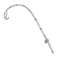 Hand drawn illustration of a fishing rod with a hooked fish. Vintage black and white engraving style sketch, ideal for fishing, seafood themes. With a isolated silhouette on the background vector