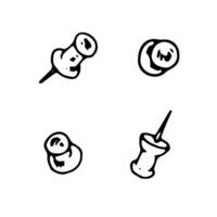 Hand drawn illustration of a push pin set, featuring thumbtacks, and pushbuttons. Black and white line art sketch for office and stationery designs. With isolated silhouette on the background vector
