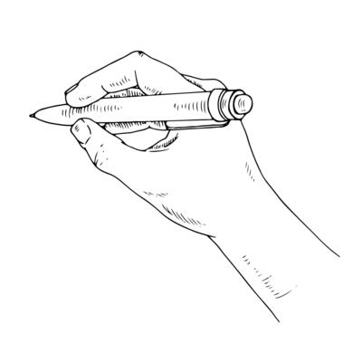Hand drawn illustration of a hand holding a pen, perfect for stationery and office designs. Black and white line art sketch, ideal for planners and journals. Isolated top view drawing