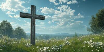 Wooden cross stands tall in a lush green meadow under a bright blue sky filled with fluffy clouds photo