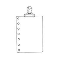 Hand drawn illustration of a blank paper sheet with a clip, perfect for office and stationery designs. Black and white line art sketch. Isolated drawing with copy space vector