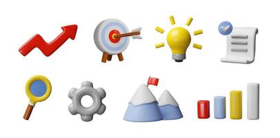 3d render infographic icon set. Three-dimensional finance chart illustration. Marketing diagram, target, arrow, aim, datum, statistic symbols. Success graphic analysis information presentation vector