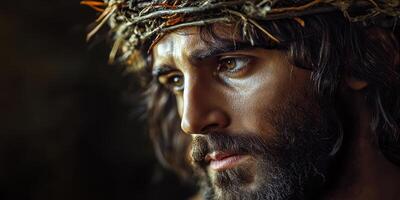 Depiction of a man with a crown of thorns reflecting deep emotions in a historical context photo